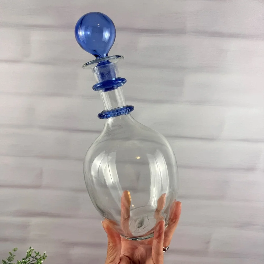 Blenko 3751D Ring Decanter Sky Blue Crystal Glass Ball Stopper